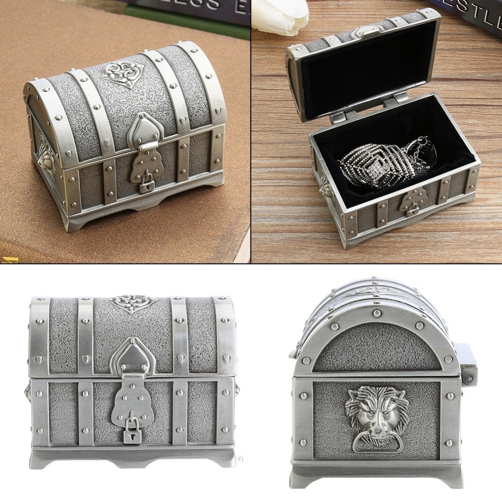 Pequeño Cofre del Tesoro pirata antiguo de aleación de Zinc, almacenamiento de collares funda, soporte de joyero Retro anilla con abalorio pendiente