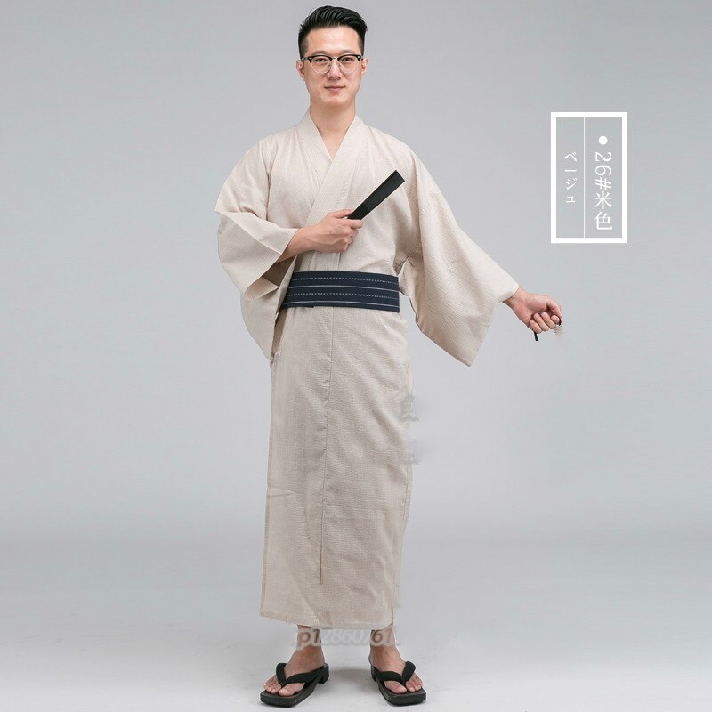 Japanes Traditional Kimono Man Long Sleeve Retro Samurai Stage Dance Clothing Male Robe Ancient Yukata Costume Hombres Quimono: cream-coloured / L