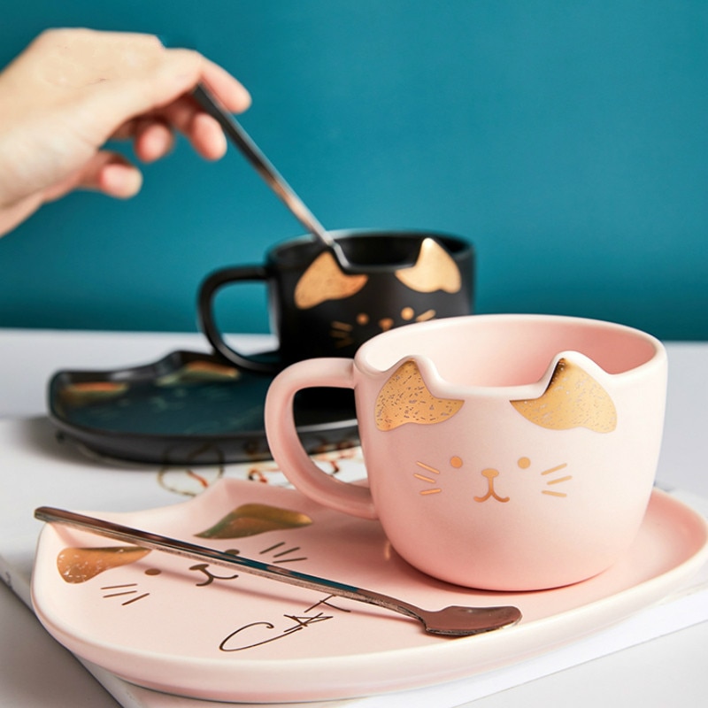 Juego de tazas de café de cerámica con dibujos animados de gato, taza de té con platillo, cuchara, desayuno, leche, café, pan, postre, plato de porcelana para mascotas