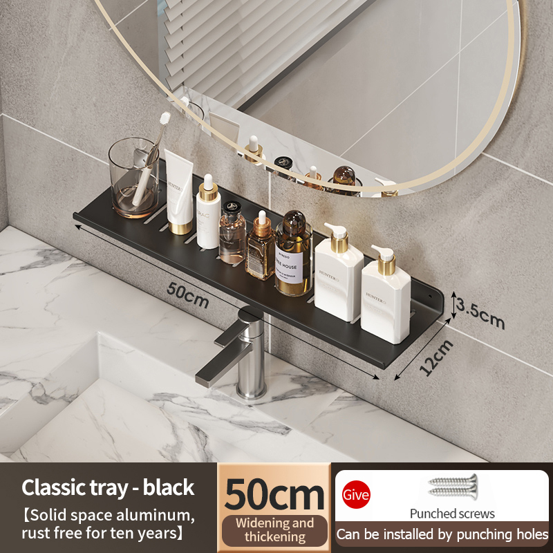 Wasserhahn-Aufbewahrungstablett, Badezimmer-Aufbewahrungsregal, WC mit Spiegel vorne, Waschbecken, Waschbecken, nicht perforiertes Badezimmerregal: Schwarz