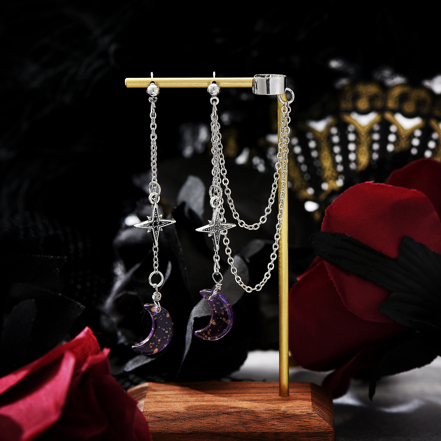 Nueva coreana, pendientes de aleación con forma de luna y estrella, pendientes morados de cristal con forma de estrella y Luna, pendientes asimétricos con diamantes de imitación para mujer, joyería