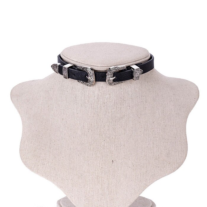 Vintage Women Choker Necklaces Pu Leather Belt Collar Choker With Double Buckles Adjustable Choker Jewelry For Girl: Silver