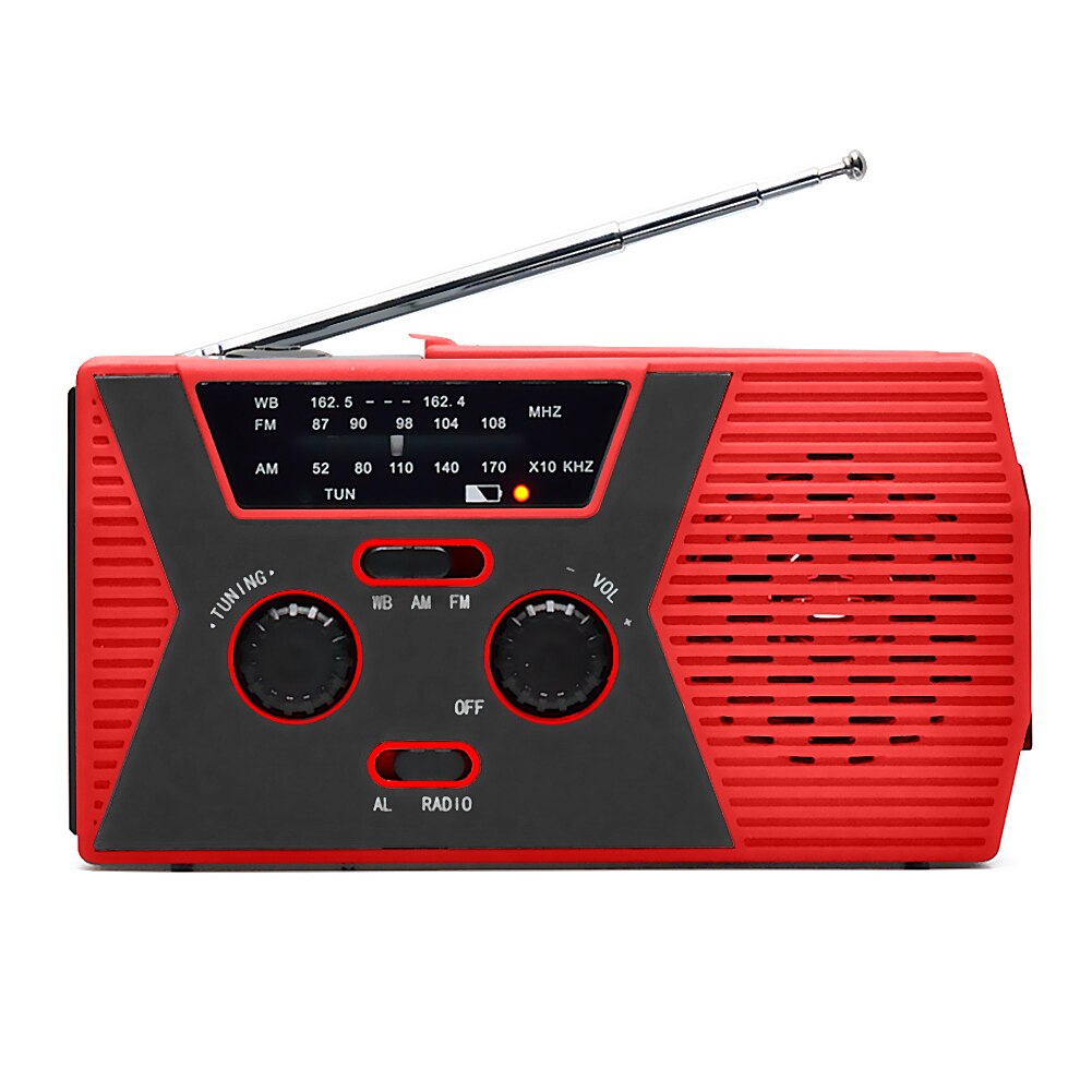 Emergency Solar Powered Hand Crank Phone Charger Dynamo Multi-purpose LED Flashlight AM/FM/WB Weather Radio 2000mAh Power Bank: Red EU