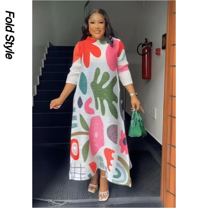 Women's Pleated Loose Fitting Dress Spring Print Color Blocking O-neck Quarter Sleeve Women's Dress