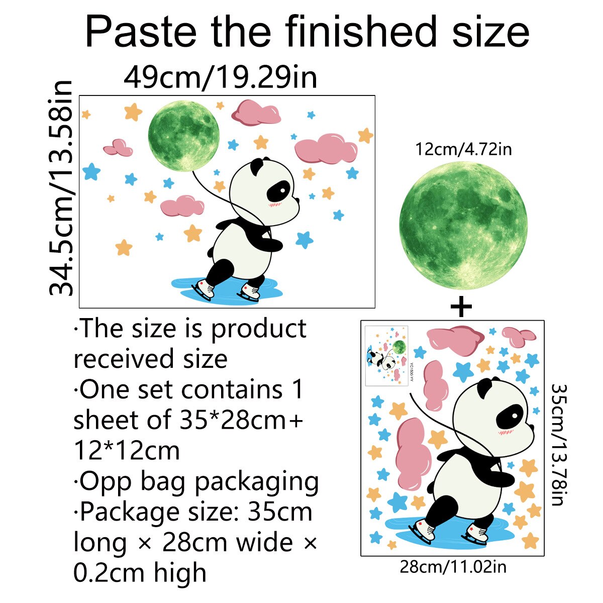 Ice Skating Panda Glow Sticker Home Kawaii Kids Room Decor Aesthetic Stars Wallpaper Decoration Bedroom Decorative Paintings: Default Title