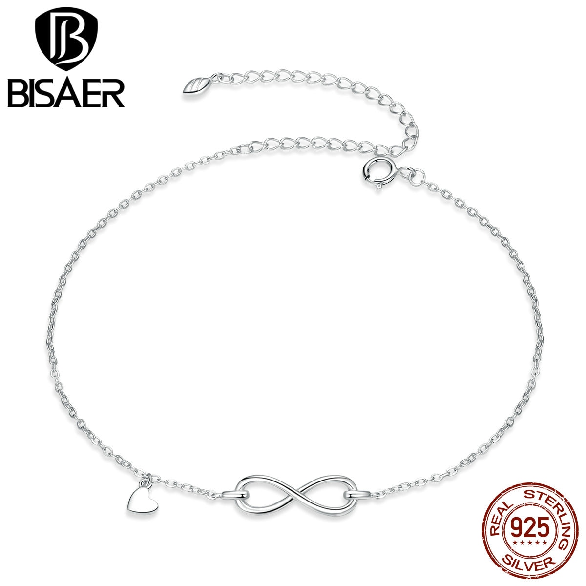 BISAER Anklets 925 Sterling Silver Infinity Love Geometric Heart Chain Anklets For Women Feet Leg Chain Link Fine Jewelry HST019