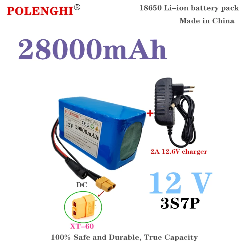 100 % echter 12 V 28000 mAh 3S7P 18650 wiederaufladbarer Lithium-Akku mit großer Kapazität und integriertem intelligentem BMS 12,6 V 2 A Ladegerät