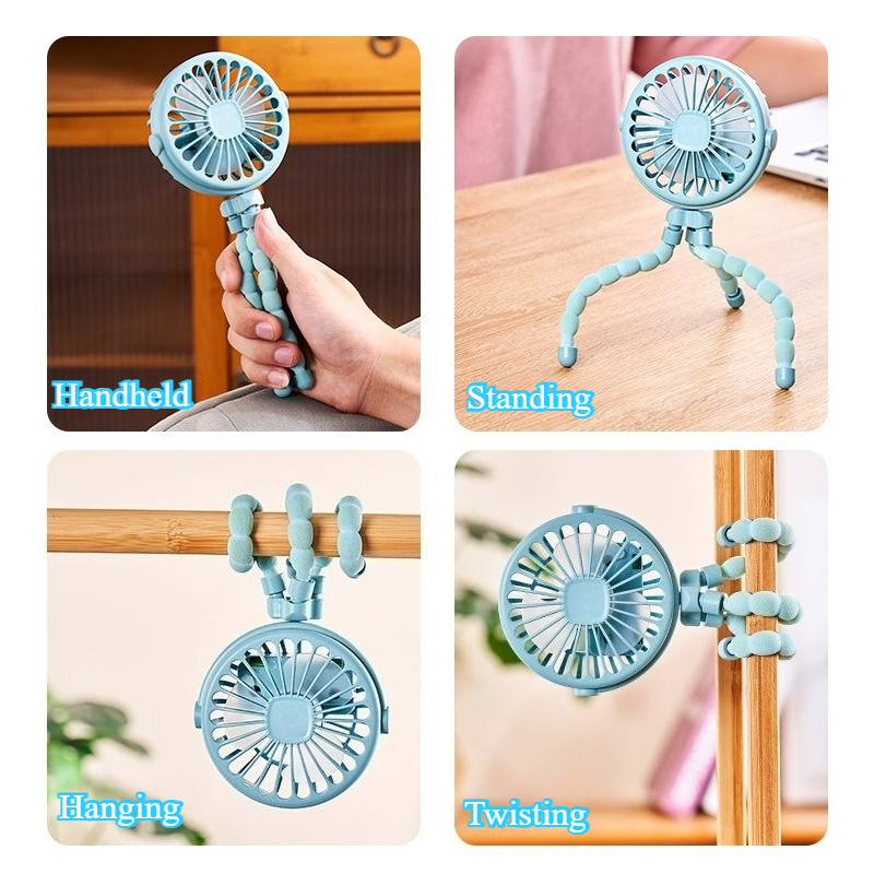 Handheld stroller fan, flexible tripod fan for car seat, crib, stroller, usb rechargeable, mini desk fan with 3 speeds and lights