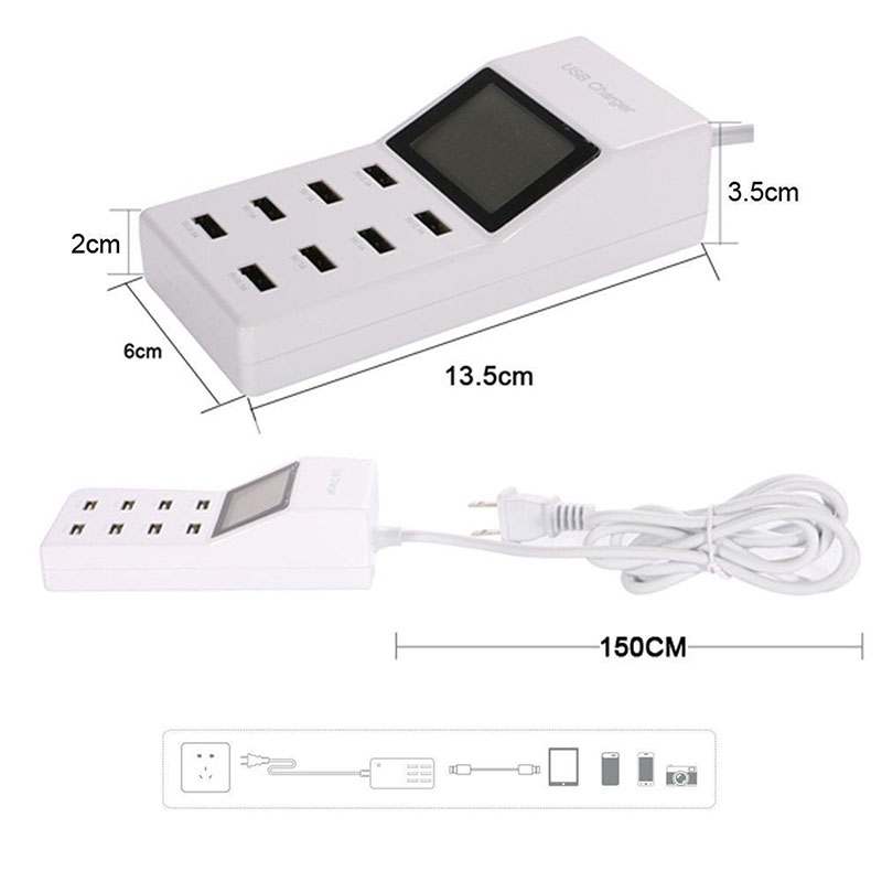 Universal Smart 8 Port USB Wall Charger Display Screen US EU Plug Travel AC Power Adapter Socket for Cell Phone Tablet Camera