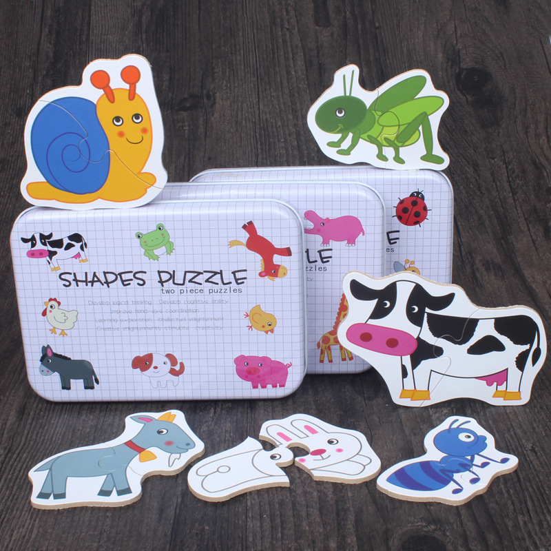 Baby Speelgoed Ijzeren Doos Houten Kaart Voertuig Fruit Dieren 3D Puzzel Spel Speelgoed Baby Vroege Educatief Training Cognitieve Puzzels