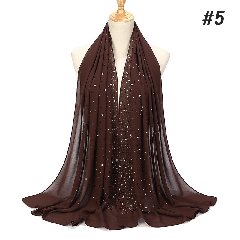 1 Pc Vrouwen Bellen Chiffon Sjaal Met Diamant Studs Parels Sjaal Vlakte Hijab Sjaals Wraps Effen Kleur Moslim hijab Sjaal: color05