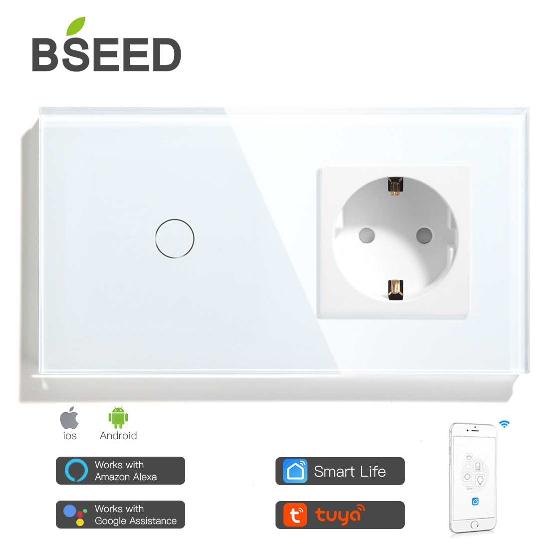 Bseed Mvava Wifi Touch Switch 1Gang 2Gang 3Gang Met Normale Eu Socket Zonder Wifi 3 Kleur Kristal glazen Paneel Smart Switch Alleen