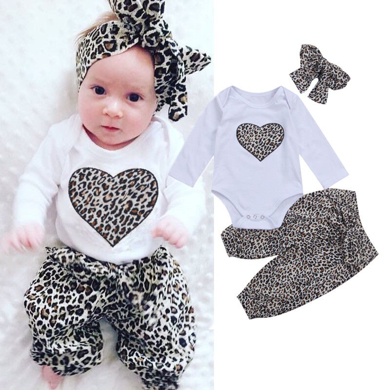 Nyfødt barn baby pige leopard blomster tøj baby tøj langærmet hjerte romper + blomster bukser + pandebånd outfit træningsdragtsæt