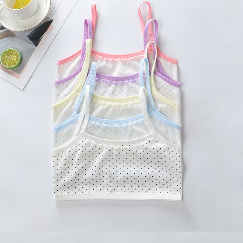 Puberty Girls Cotton Underwear Polka Dot Print Training Bra Lace Splice Bralette 24BE
