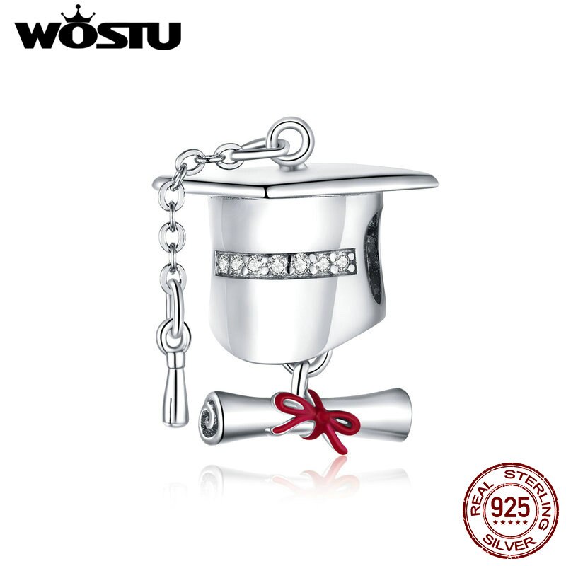 Srebro wysokiej próza pomocą 925 WOSTU CZ kwadrat Szkoła Wyższa czapka metalowe wiszące na oryginalną srebrną bransoletkę śliczne DIY prezent z wdziękiem FNC357