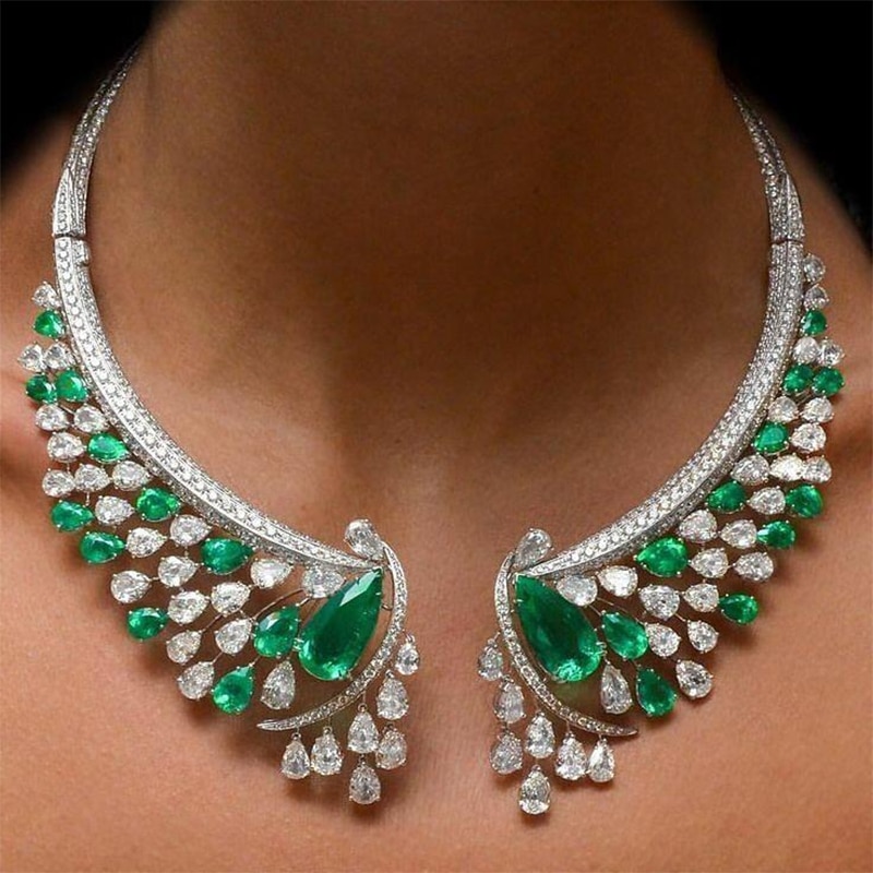 Grøn krystalklar rhinestone choker halskæde kvinder bryllup smykker kort kæde blomst vedhæng dame halskæder fest bijoux