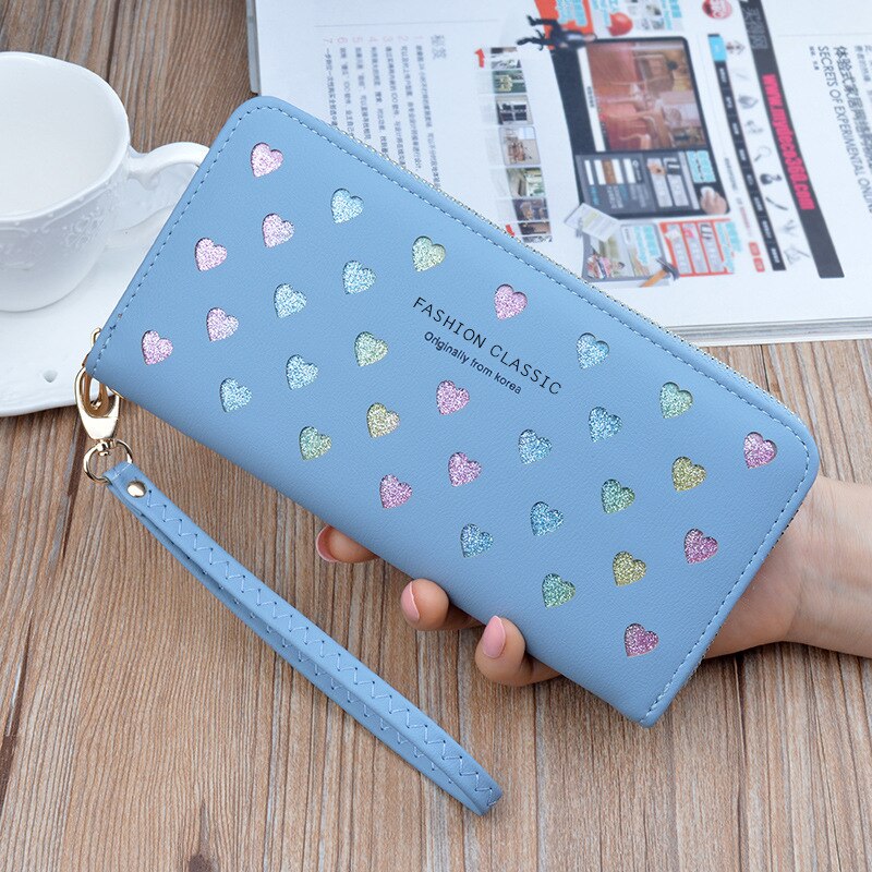 Vrouwen Portemonnee Pu Lederen Lange Liefde Hart Leuke Portemonnee Voor Telefoon Hoge Capaciteit Kaarthouder Clutch Portefeuilles Carteira Feminina: Blue