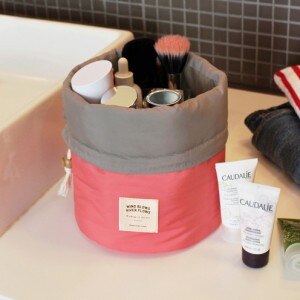 Beautician Barrel Shaped Travel Cosmetic Bag Nylon High Capacity Drawstring Drum Wash Bags Makeup Organizer Storage: watermelon red