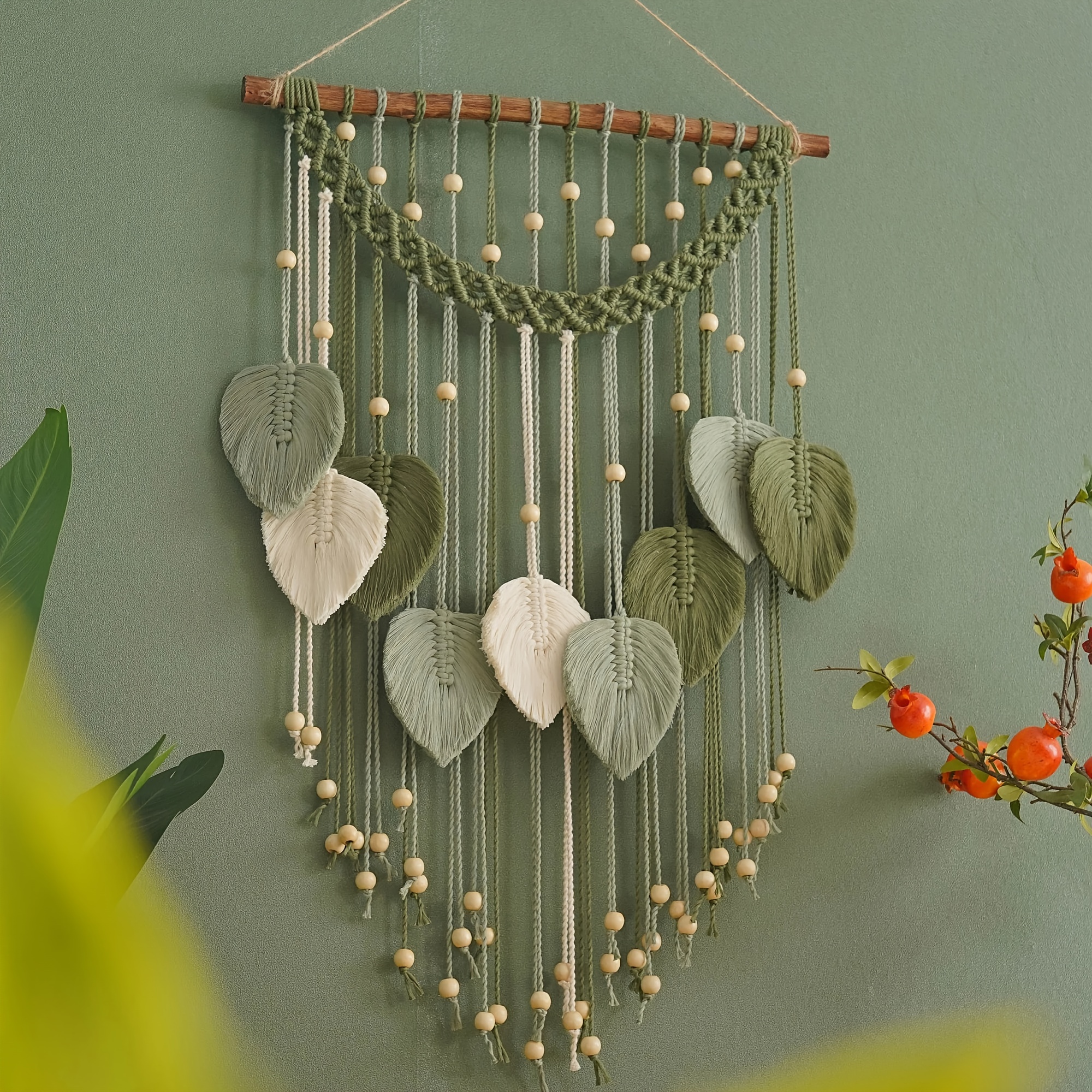 Tapiz colgante de pared de hoja de macramé, decoración bohemia de arte grande de macramé, decoración de habitación, para el hogar, cinta verde de macramé de jungla bohemia, 1 ud.