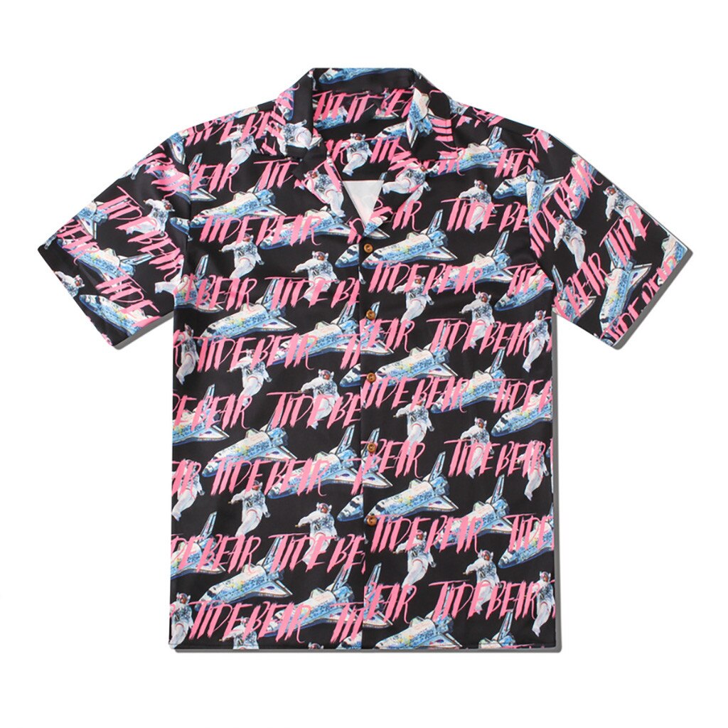 Men Summer Lapel spaceman Print Short Sleeve Hawaiian Shirt Top Blouse2019 latest popular summer men's shirt: XL