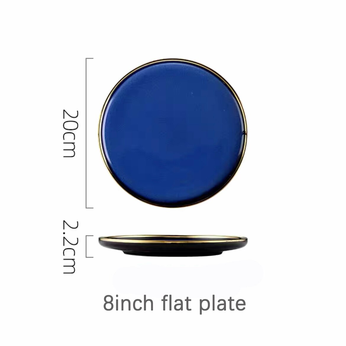 Service de vaisselle en céramique bleue, vaisselle de luxe, bordure dorée, porcelaine, assiettes, salade, nouilles, bol pour Restaurant: 8inch flat plate