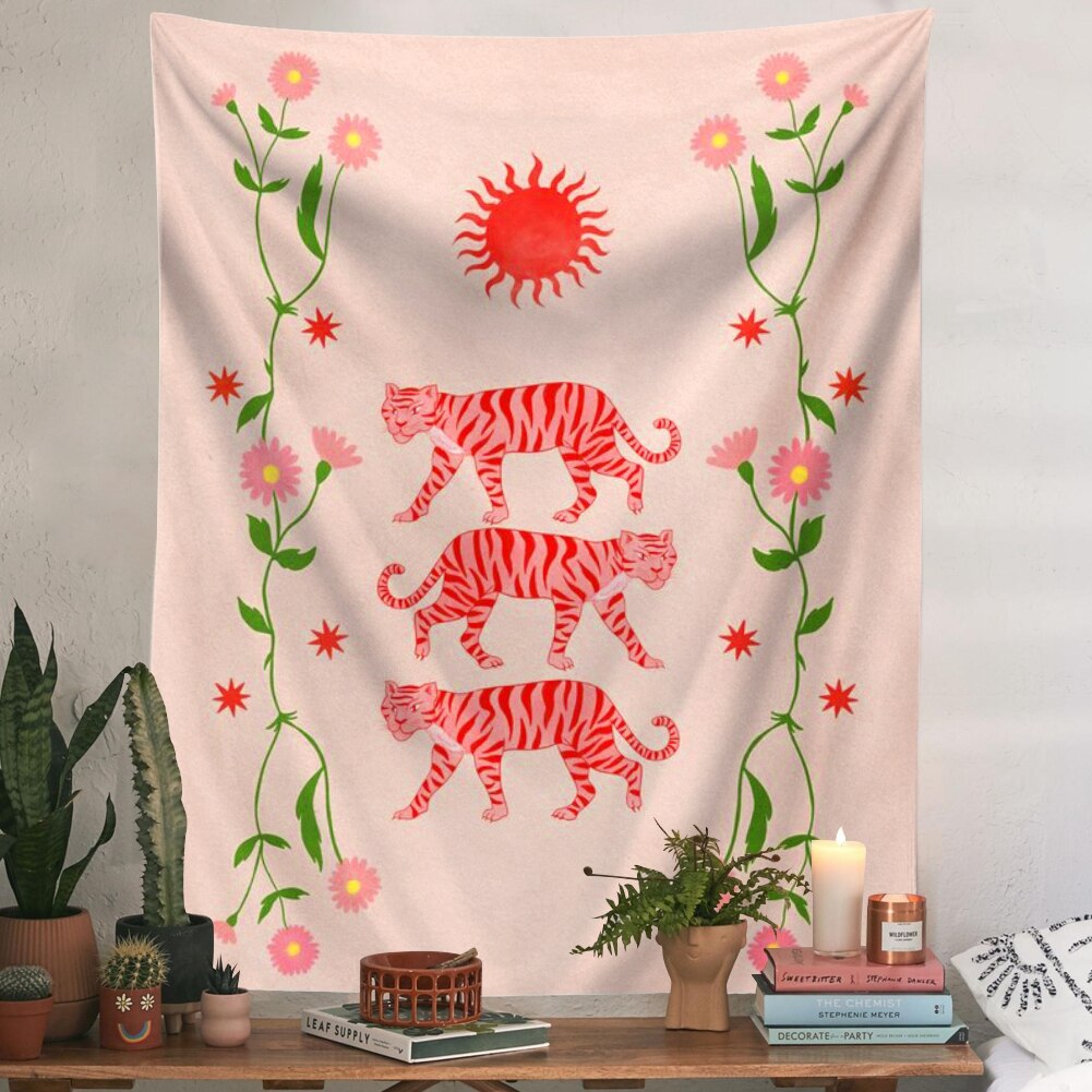 Tiger blomma gobeläng vägghängande för vardagsrum sovrum dekor rosa gobelänger flicka & #39 ;s rum sovsal dekoration väggduk