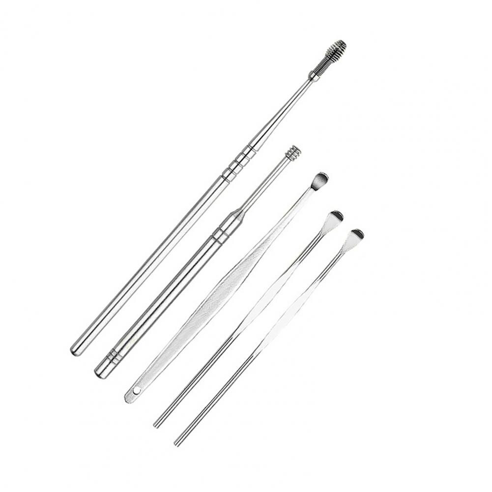 🔥Cure-oreille en acier inoxydable, 5 pièces, cure-oreille, dissolvant, Curette, nettoyeur, soins, cuillère, outil de nettoyage des oreilles
