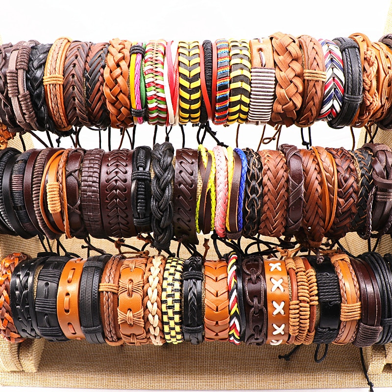 100 stks/partijen Diverse Vintage Handgemaakte Mens Manchet Lederen Gevlochten Sieraden Armbanden Pols Bangle Voor Vrouwen