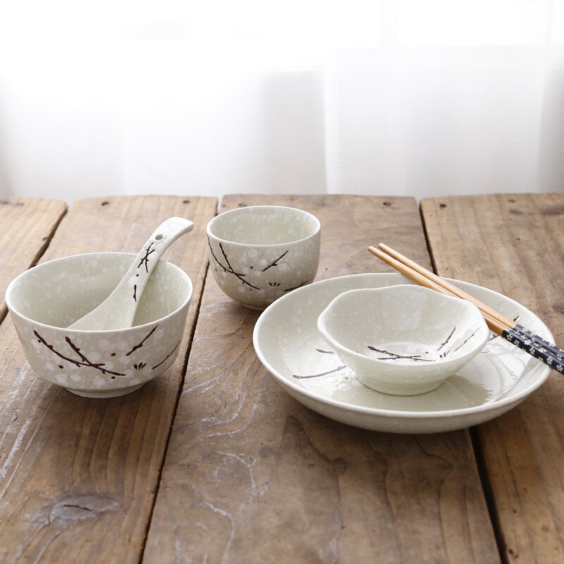 6-Piece Set Japanese Rice Bowl Dishes, Chopsticks, Spoon Ceramic Tableware Household Single Food: black