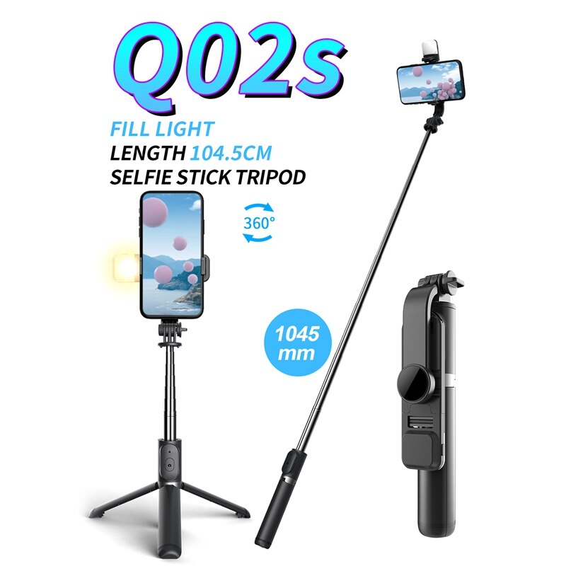 - kabelloser bluetooth-selfie-stick, multifunktionaler handyhalter, mini-stativ, faltbar, mit fülllicht: Schwarz