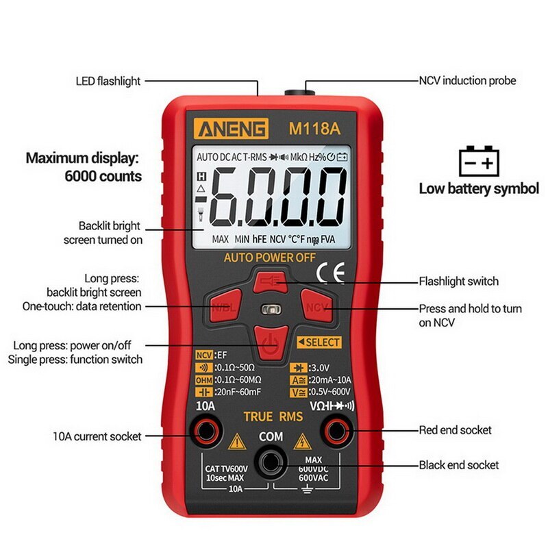 Digitale multimeter ac/spannings-/stroommeter ncv-tester meter capaciteitsmeter smart auto range