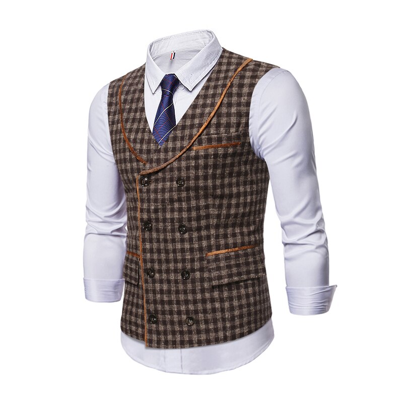 Herfst En Winter Vest Met Plaid Double Breasted Mannen Leisure Suit Vest