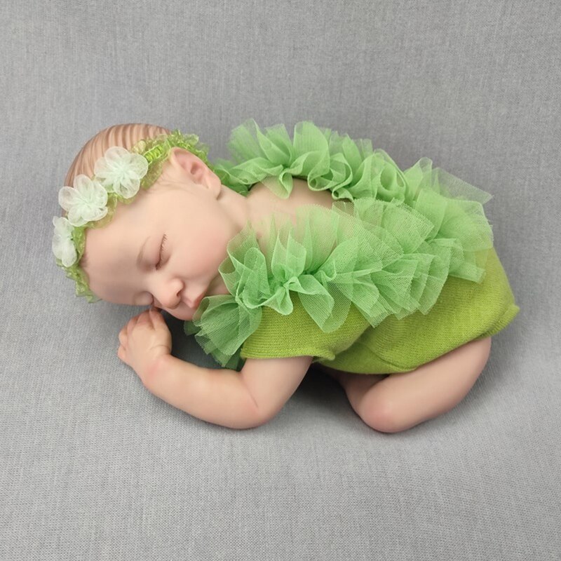 Newborn Girl Photography Outfits Cute Ruffle Lace Splicing Bodysuit Rompers with Flower Headband Hairband Baby Photo Props