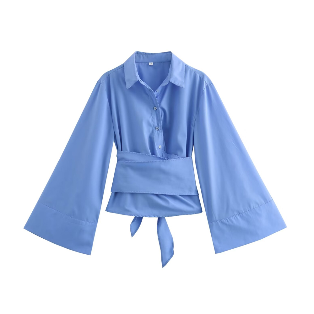 TRZA-Women's Long Sleeve Kimono Blouses With Bow Tie, Front Button, Female Shirts, Chic Tops,: XS / Blue