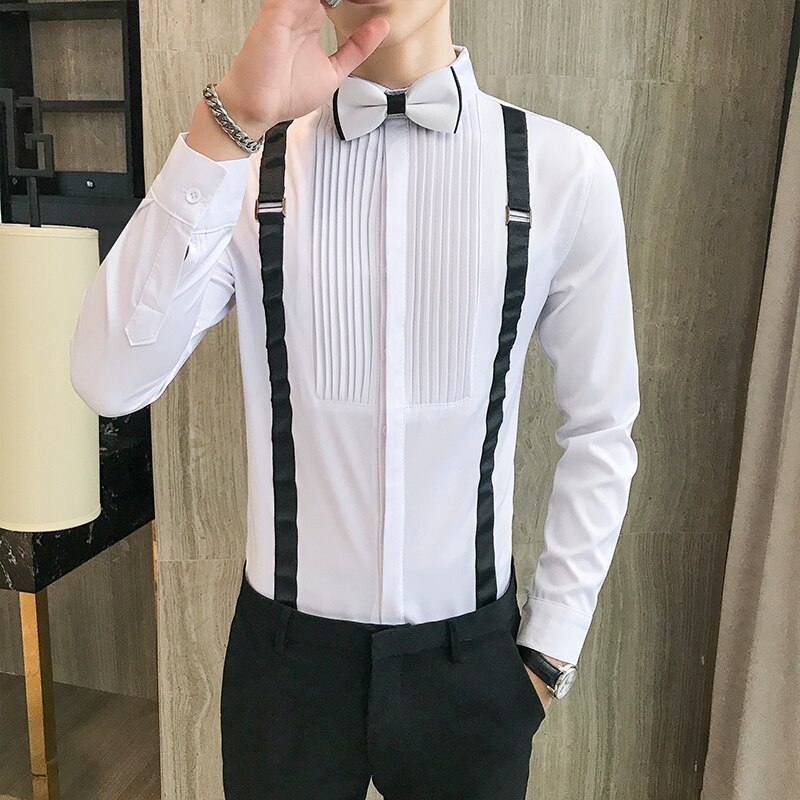 Camisa de esmoquin para hombre, camisa con lazo en el pecho plisado con correa, manga larga, vestido de ajustado, blusa negra