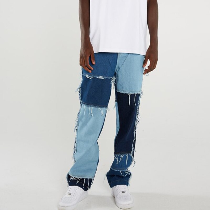 Mænd casual straight kvast patchwork jeans bukser mænd streetwear løst hip hop denim fuld længde bukser