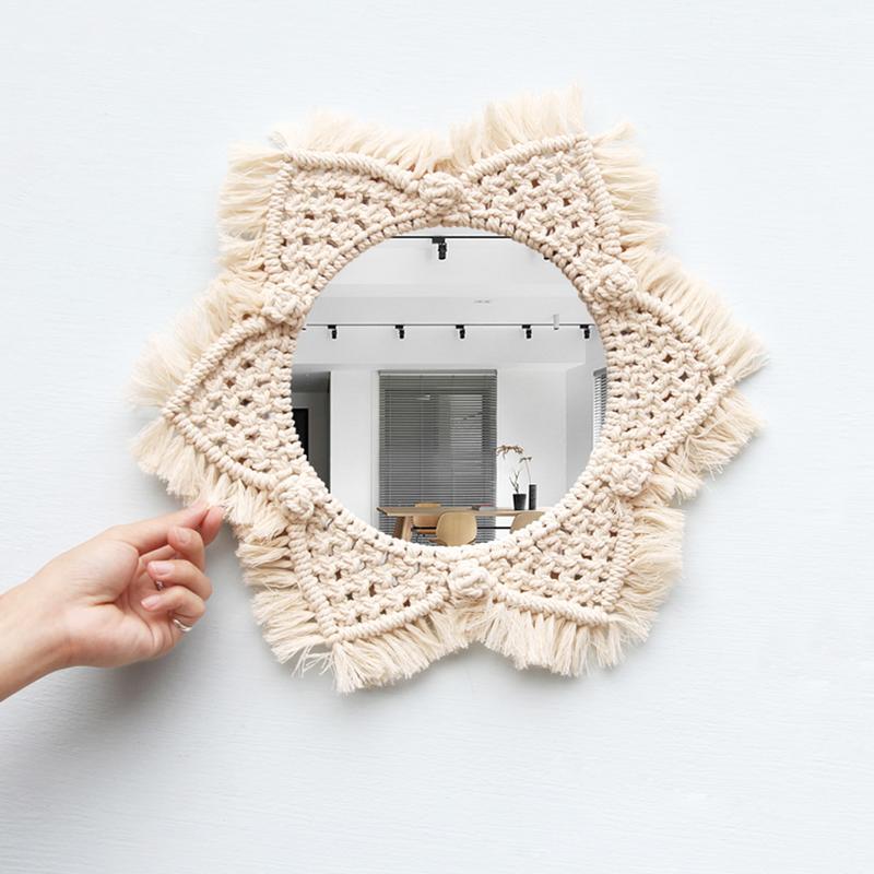 Miroir mural rond en macramé de style bohème, avec cordon en coton, fait à la main, décoration pour la maison