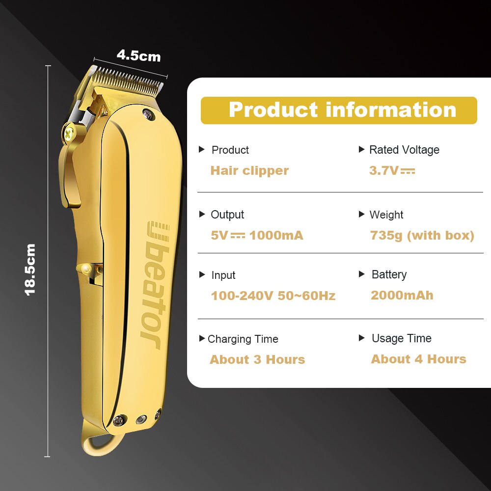 ubeator Hair Clipper Hair Trimmer 100-240V Cut Electric Rechargeablemetal cutting Machine Gold Metal Barbershop Cutter Cordless