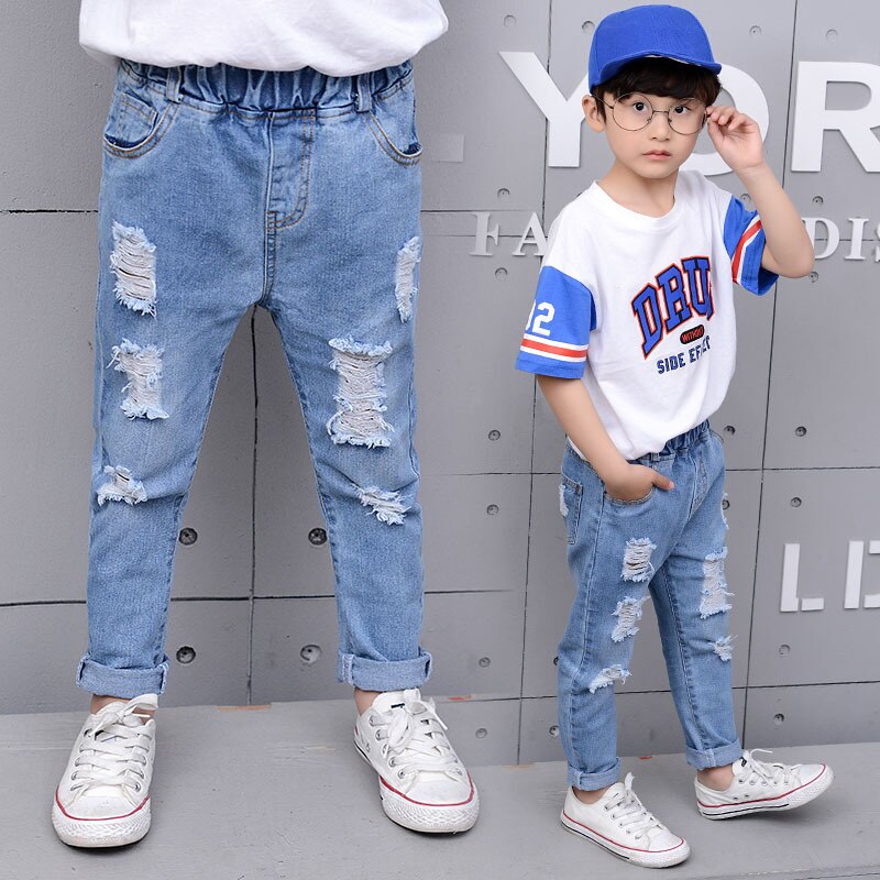 Casual Jongens Jeans Solid Elastische Taille Lange Kinderen Broek Mode Losse Gaten Jongens Denim Broek Voor 6 8 10 12 Jaar Kinderen
