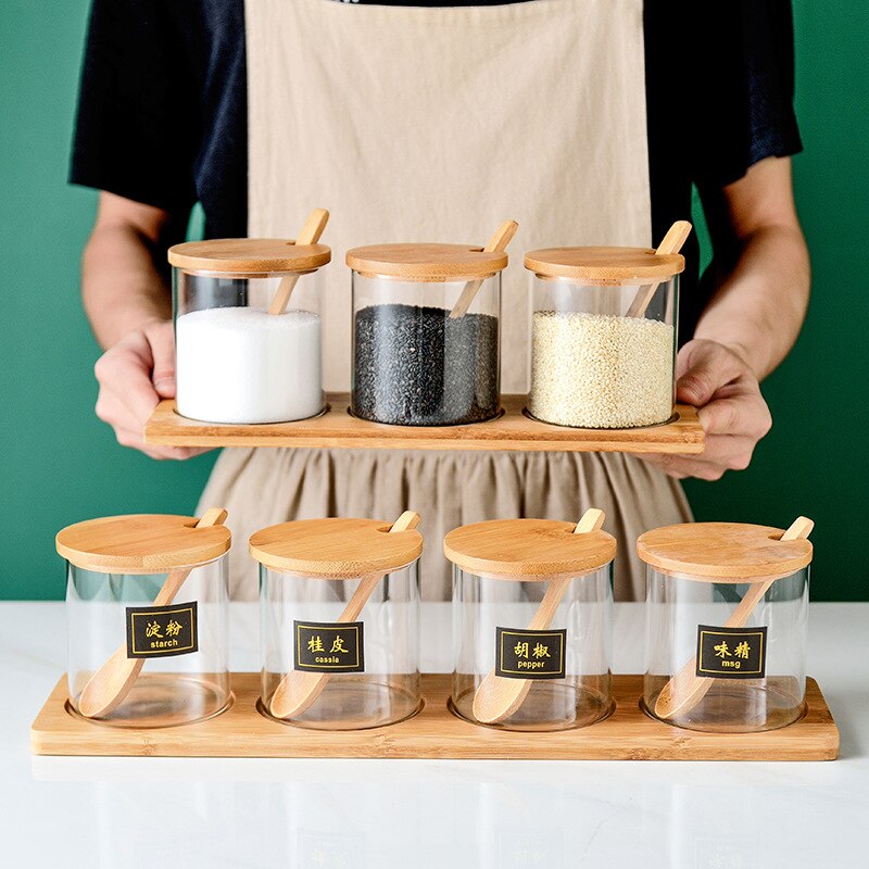 3 stk sett glass oppbevaringskrukke salt godteri kaker te kaffebønner arrangør flaske trelokk beholder krydder frokostblanding