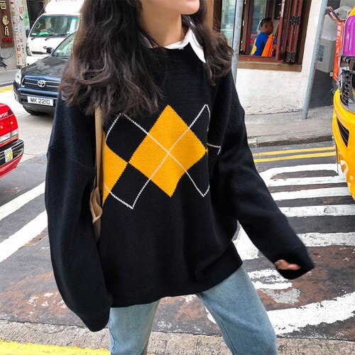 Gebreide Trui Vrouwen Argyle Oversize Truien Koreaanse Truien Dames Winter Losse Truien Vrouwelijke Casual Jumper Ropa De Mujer: Black
