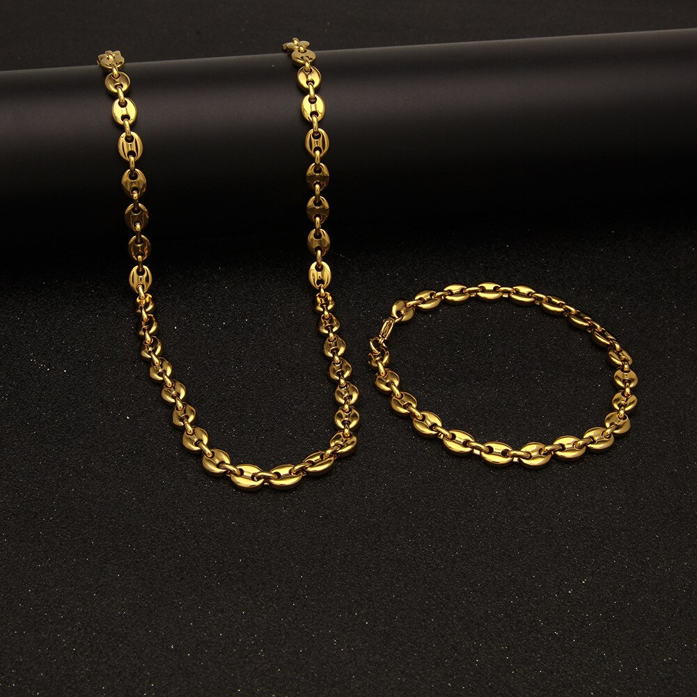 8mm 10mm 13mm koffieboon kettingen voor mannen vrouwen roestvrij staal varkensneus schakelkettingen armbanden choker set valentijnsdag
