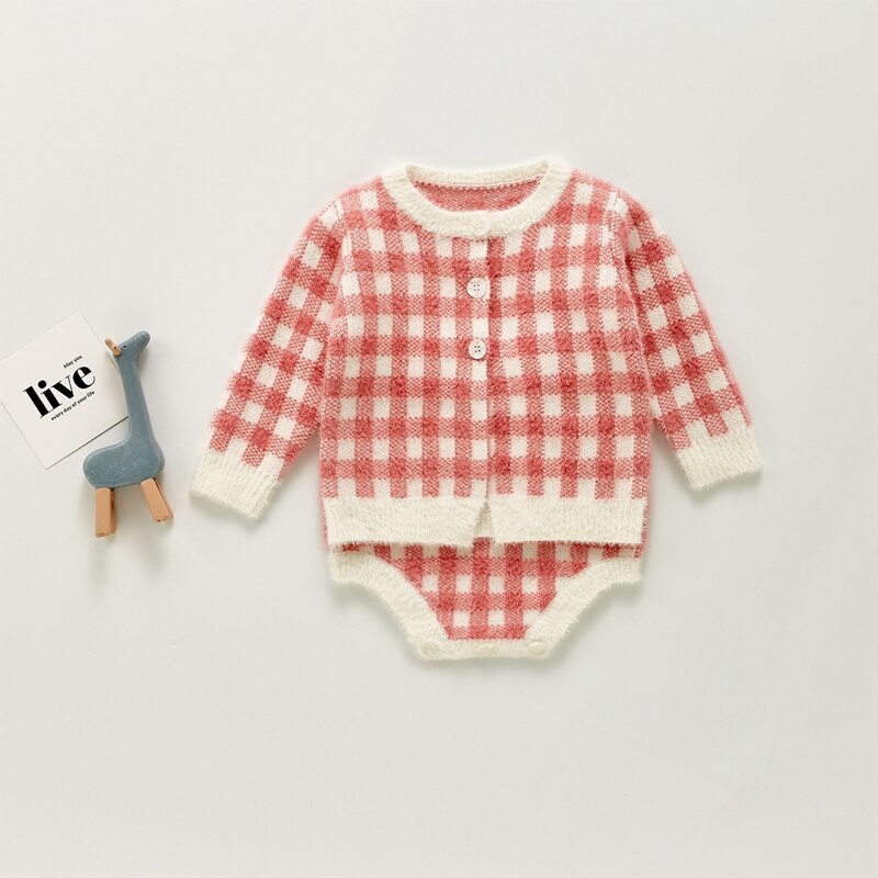 0-24M Baby Meisjes Romper Vest Roze Plaid Jarretel Bodysuit Lange Mouw Knop Jas Gebreide Trui Kleding Voor pasgeborenen