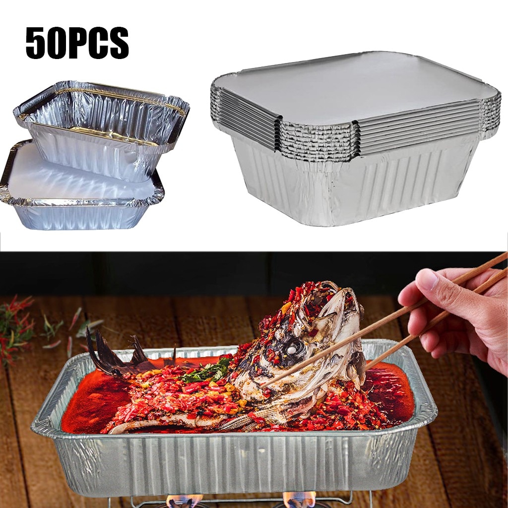 Casseroles en aluminium jetable en aluminium, casseroles avec couvercles, récipients de nourriture, 50pcs, fourneau, armoires, autocollants
