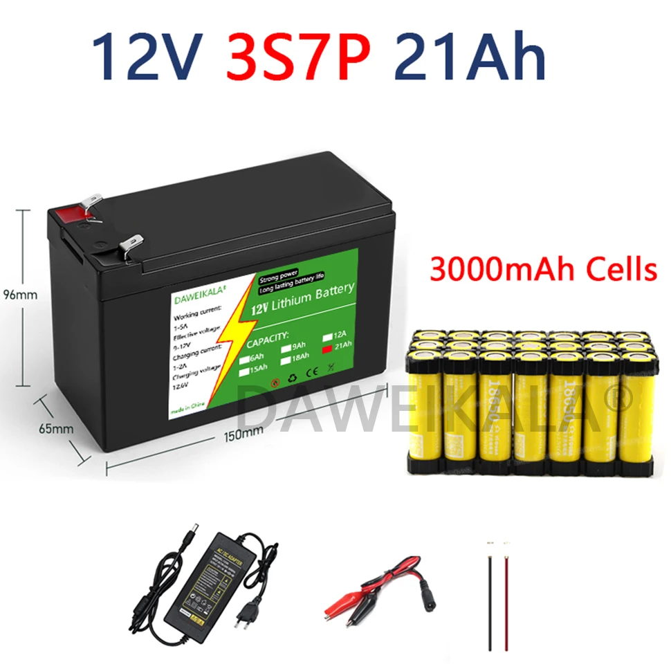 12V 21Ah 18650 Lithium Battery Pack 3S7P Rechargeable Battery for Solar Energy Electric Vehicle Battery 12.6v 3A Charger: Orange