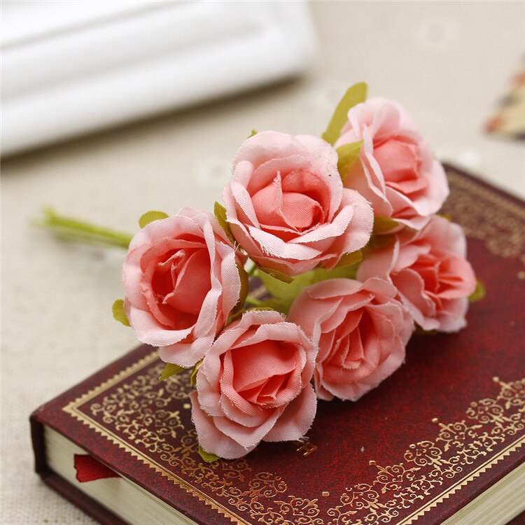 Buquê de flores artificiais 6 peças, mini rosas, para casamento, decoração para casa, para scrapbooking, artesanato faça você mesmo, caixa de doces, decoração de presente: Rosa
