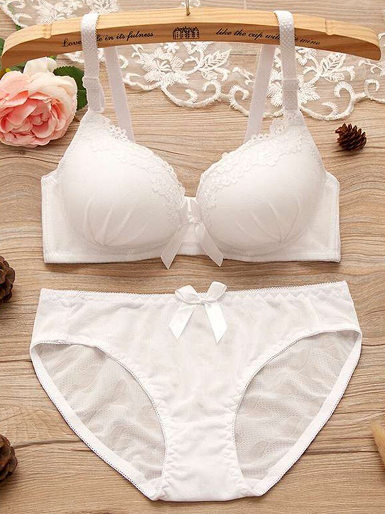 B Women Lace Padded Push Up No Steel Ring Small Chest Gathered Back Closure Adjustment Bow Adjusted-straps Bra Briefs Set: W / 80B