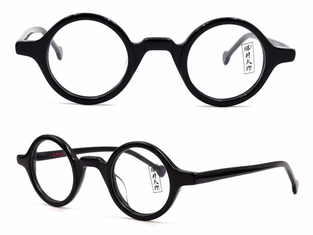 Marcos redondos de anteojos Vintage de 38mm, gafas hechas a mano de madera, pequeños: Shiny Black