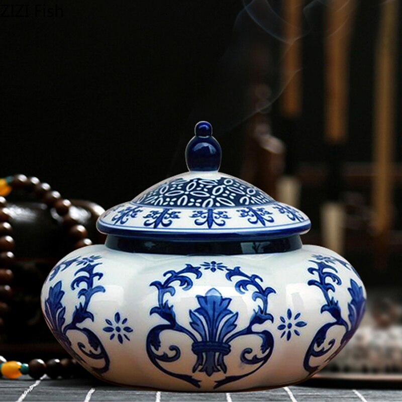 Jarrón de cerámica con textura de flor, jarrones pintados clásicos de porcelana azul y blanca, decoración Vintage para el hogar, tarro de almacenamiento de té Caddy con cubierta