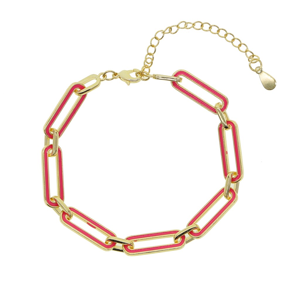 Di modo variopinto dei monili geometrica rettangolo cubano collegamento catena neon smalto di colore dell'oro di modo delle donne della catena del braccialetto: buio rosa